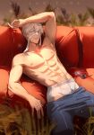  1boy abs artist_name blue_eyes calvin_klein couch english_commentary glint gojou_satoru hair_between_eyes highres jujutsu_kaisen looking_at_viewer lunifura male_focus male_underwear on_couch pubic_hair short_hair smile solo topless_male underwear unworn_eyewear veins white_hair 