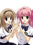  2girls blonde_hair bow bowtie chaos;head collared_shirt dress_shirt hair_bow happy heart heart_hands heart_hands_duo highres long_hair miniskirt multiple_girls nishijou_nanami official_art one_side_up open_mouth pink_eyes pink_hair plaid_bow plaid_bowtie plaid_clothes plaid_skirt plaid_sleeves pleated_skirt purple_bow purple_bowtie purple_eyes purple_skirt sakihata_rimi sasaki_mutsumi school_emblem school_uniform science_adventure shirt short_sleeves skirt smile suimei_academy_school_uniform summer_uniform tongue white_shirt 