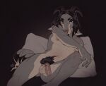 2025 5_fingers adam_(terribleanimal) anthro black_background black_eyes black_hair black_lips body_hair bovid caprine eye_contact eyeshadow fingers foreskin fur genitals goat grey_body grey_fur hair hand_on_knee hand_on_leg happy_trail hi_res horn lips looking_at_another makeup male mammal multicolored_body multicolored_fur narrowed_eyes nipples nude_anthro nude_male on_pillow one_leg_up penis pillow pubes raised_leg simple_background sitting solo straight_hair tail terribleanimal two_tone_body two_tone_fur white_body white_fur
