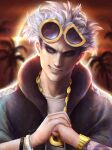  1boy black_hoodie blurry blurry_background bracelet commentary english_commentary eyewear_on_head glass grey_eyes grin guzma_(pokemon) hood hoodie jasqreate jewelry looking_at_viewer lunala outdoors pokemon pokemon_(creature) pokemon_sm reflection short_hair smile solgaleo upper_body watch white_hair 
