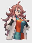  1girl android_21 blue_eyes checkered_clothes checkered_dress dragon_ball dragon_ball_fighterz dress glasses grey_background hair_between_eyes kemachiku labcoat long_hair looking_at_viewer red_hair simple_background solo 