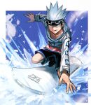  1boy ainu_clothes aki_(neyuki41028) collarbone grey_headband grey_shorts happy_birthday headband jewelry looking_at_viewer male_focus medium_hair navel open_clothes ring shaman_king shorts snowing solo spiked_hair usui_horokeu white_hair wolf 