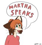  2025 anthro breasts clothed clothing digital_media_(artwork) english_text felid female fur green_eyes hair hi_res mammal martha_(notmypornaccount) martha_speaks notmypornaccount open_mouth orange_body orange_fur pantherine parody shirt simple_background solo stripes teeth text tiger topwear white_body white_fur 