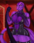  accessory anthro armband black_collar black_leash blurred_background clothed clothing collar eyelashes fangs female furgonomics genitals glistening glistening_eyes gradient_scales hi_res humanoid_genitalia humanoid_pussy latex_clothing leash leash_pull legband looking_at_viewer navel nipple_outline portrait pupils purple_body purple_breasts purple_pussy purple_scales pussy reptile scales scalie skimpy slit_pupils smogville snake solo spiked_armband spiked_legband spiked_tailband spikes tail_accessory tailband three-quarter_portrait tongue tongue_out yellow_eyes 