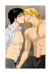  2boys edward_elric fullmetal_alchemist kiss kissing male male_focus multiple_boys muscle roy_mustang topless yaoi 
