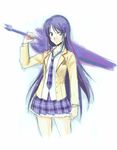  1girl aoi_sena black_hair blue_eyes chaos;head female long_hair necktie plaid plaid_necktie plaid_skirt pleated_skirt school_uniform shirt simple_background skirt solo standing student sword transparent_background uniform weapon white_background white_shirt 