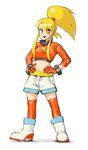  aero aero_(inafune_keiji) belt blonde_hair boots capcom character_request female full_body gloves hands_on_hips long_hair midriff open_mouth red_eyes red_legwear red_thighhighs rockman rockman_dash rockman_dash_3 shorts solo thighhighs unou unou_(mousou_deguchi) white_background 