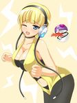  bare_shoulders bent_forward blonde_hair blue_eyes blush breasts cleavage gym_leader halter_top halterneck headphones kamitsure_(pokemon) leaning_forward lightning navel open_mouth poke_ball pokeball pokemon pokemon_(game) pokemon_black_and_white pokemon_bw short_hair wink winking 