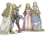  4girls agrias_oaks alicia_(fft) armor blonde_hair blue_eyes boots braid cape dagger dress female final_fantasy final_fantasy_tactics gloves knight knight_(fft) lavian long_hair multiple_girls open_mouth ovelia_atkascha red_eyes sawaguchi_kyouji single_braid twin_braids weapon 