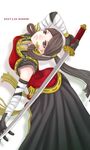  armor asagiri_(castle_in_the_air) black_eyes brown_hair elbow_gloves female gensou_suikoden gensou_suikoden_v gloves hazuki_(suikoden) katana long_hair looking_up lowres ponytail solo suikoden suikoden_v sword weapon white_background 