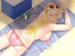  ass ass_crack bare_shoulders beach bikini black_lagoon blonde_hair blue_eyes blush breast_press breasts butt_crack eda eda_(black_lagoon) headband lipstick long_hair looking_back makeup paya paya_(paya19891115) sand shade side_boob sideboob sunglasses swimsuit 