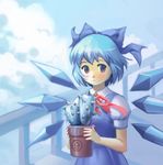  1girl blue_hair cactus cirno cloud day frozen hair_ribbon md5_mismatch okha plant potted_plant ribbon sky solo touhou wings 