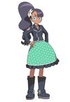  aero aero_(ishikawa_hideki) black_hair blue_eyes boots choker concept_art dark_skin dress earrings flower hair_flower hair_ornament hand_on_hip ishikawa_hideki jacket jewelry long_hair long_sleeves official_art polka_dot polka_dot_dress ponytail rockman rockman_dash rockman_dash_3 solo standing white_background 