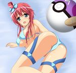  ass bent_over bikini blue_eyes blush breasts flower fuuro_(pokemon) gym_leader hair_ornament hair_ribbon laying_down lying open_mouth poke_ball pokeball pokemon pokemon_(game) pokemon_black_and_white ponytail red_hair ribbon short_hair swimsuit 