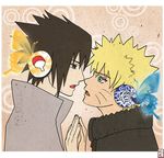  2boys black_eyes black_hair blonde_hair blue_eyes butterfly_wings eye_contact hand_holding headphones incipient_kiss magnet_(vocaloid) naruto open_mouth parody short_hair uzumaki_naruto vocaloid wings yaoi 