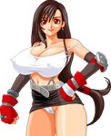  belt black_hair breasts cameltoe cleavage clenched_hand earrings erect_nipples female final_fantasy final_fantasy_vii fist fists gloves hand_on_hip hips jewelry large_breasts long_hair lowres materia panties ponytail red_eyes simple_background skirt smile solo standing suspenders thighs tifa_lockhart underwear very_long_hair warner 