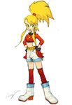  aero aero_(inafune_keiji) blonde_hair boots concept_art crop_top gloves hands_on_hips inafune_keiji kneehighs long_hair midriff official_art parted_lips red_legwear rockman rockman_dash rockman_dash_3 shorts sidelocks smile solo topknot 