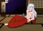  1boy animal_ears dog_ears full_body indoors inuyasha inuyasha_(character) jewelry male male_focus muscle necklace solo topless 