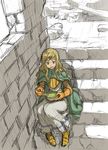  armor artist_request bowl brown_eyes brown_hair cape final_fantasy final_fantasy_tactics food gloves greaves long_hair milleuda_folles open_mouth ruins sitting sitting_on_stairs smile solo soup spoon stairs 