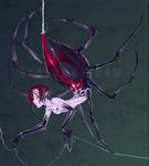  1girl artist_name collarbone flat_chest insect_girl monster_girl neolucky nipples nude open_mouth original profile red_eyes red_hair short_hair silk solo spider_girl spider_web web 