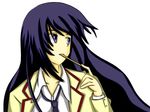  1girl aoi_sena black_hair blue_eyes chaos;head eating female food necktie pocky school_uniform shirt simple_background solo transparent_background uniform white_background white_shirt wind 