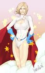  alien belt blonde_hair breasts cape cleavage_cutout dc_comics female gloves gradient gradient_background green_eyes hands_on_hips harlequin_(artist) harlequin_(pixiv518935) kryptonian leotard power_girl red_cape short_hair smile solo thighs 