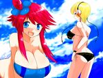  blonde_hair blue_eyes blush breasts fuuro_(pokemon) gym_leader hair_ornament han_(jackpot) huge_breasts kamitsure_(pokemon) large_breasts long_hair midriff multiple_girls open_mouth pokemon pokemon_(game) pokemon_bw red_hair smile swimsuit 