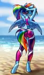 2019 beach bra butt butt_pose clothing equine female friendship_is_magic holivi looking_at_viewer looking_back mammal my_little_pony pegasus ponytail pose rainbow_dash_(mlp) sand sea seaside solo sports_bra underwear water wings 