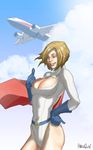  1girl airplane alien belt blonde_hair blue_eyes breasts cape cleavage cleavage_cutout cloud clouds dc_comics female gloves hands_on_hips harlequin_(pixiv518935) kryptonian leotard power_girl red_cape short_hair sky solo thumbs_up wink 