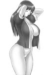  breasts curvy dead_or_alive eyes_closed highres iruma_kamiri kasumi kasumi_(doa) large_breasts long_hair monochrome mouth_hold open_clothes open_shirt panties shirt tecmo thong underwear 