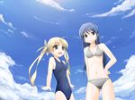  ahoge aoi_sena bikini blond_hair blonde_hair chaos;head one-piece_swimsuit orihara_kozue ribbon school_swimsuit sky swimsuit 