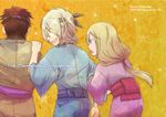  1girl 2boys blonde_hair brown_hair female gensou_suikoden gensou_suikoden_i gensou_suikoden_ii headband japanese_clothes kimberley kimono long_hair male multiple_boys open_mouth ryousibu short_hair suikoden suikoden_i suikoden_ii tai_ho yam_koo 