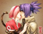  2girls eyes_closed forehead_protector haruno_sakura jacket kiss mitarashi_anko naruto pink_hair purple_hair short_hair snake yellow_eyes yuri 