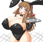  absurdres animal_ears blush breasts brown_hair bunny_ears bunny_girl bunny_suit bunnysuit cherry choker cleavage collar curvy erect_nipples food fruit gigantic_breasts gloves highres hips huge_breasts martini open_mouth tongue tray umigaras umigarasu_(magipro) wide_hips 