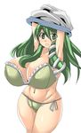  breasts cleavage curvy female green_eyes green_hair hips huge_breasts kochiya_sanae lingerie long_hair nira open_mouth snake stripping thick_thighs thighs touhou underwear undressing wide_hips 