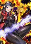  1girl :o alex_(shin_megami_tensei:_strange_journey) bangs black_bodysuit black_gloves black_hair blue_eyes bodysuit breasts collar commentary_request fire gauntlets gloves headphones headset highres hood hood_down large_breasts latex long_hair looking_at_viewer open_mouth rootdesign shin_megami_tensei shin_megami_tensei:_strange_journey shiny shiny_clothes single_gauntlet skin_tight solo thick_thighs thighs vest 