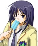  1girl aoi_sena black_eyes black_hair chaos;head eating female food necktie popsicle shirt simple_background solo transparent_background uniform white_shirt 