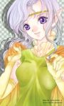  asagiri_kusa cape circlet elbow_gloves elf gensou_suikoden gensou_suikoden_i gloves long_hair lowres pointy_ears purple_eyes purple_hair smile solo sylvina 