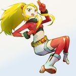  alchera belt blonde_hair blue_eyes capcom character_request female full_body gloves gradient gradient_background long_hair midriff open_mouth red_legwear red_thighhighs rockman rockman_dash shorts solo thighhighs 