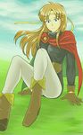  1girl blue_eyes boots cape female gensou_suikoden gensou_suikoden_i gloves ichiban_shibori long_hair lowres odessa_silverberg orange_hair pants sitting sky solo suikoden suikoden_i tiara 