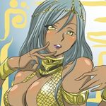  armband armlet bare_shoulders bibirin blush bracelet bracer breasts cleavage code_geass dancer dark_skin female gradient gradient_background grey_hair headdress jewelry lots_of_jewelry lowres purple_lips solo tan tanned villetta_nu wristband yellow_eyes 