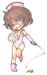  bandage brown_hair cast eileen_galvin elbow_gloves eyes_closed female full_body gloves happy hat kenko lowres nurse nurse_cap nurse_uniform open_mouth shoes short_hair silent_hill silent_hill_4 simple_background solo thighstrap whip 