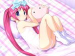  1girl bed bow curled_up fetal_position hair_bow lying mutsumi_masato no_shoes only_you only_you_re-cross only_you_recross panties sleeveless solo tendou_raimu twintails underwear 