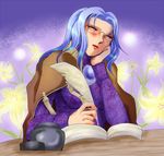  blue_eyes blue_hair blush cape dress feather_pen female final_fantasy final_fantasy_iv final_fantasy_iv_the_after flower glasses gradient gradient_background hal_(ff4) long_hair lowres shohji solo 