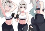  absurdres belly black_leggings blush breasts brown_hairband cleavage closed_mouth dumbbell erushira firefly_(honkai:_star_rail) gradient_eyes gradient_hair green_pupils grey_hair hair_between_eyes hair_intakes hairband hashtag-only_commentary highres holding holding_dumbbell honkai:_star_rail honkai_(series) large_breasts leggings long_hair multicolored_eyes multicolored_hair navel one_eye_closed open_mouth ponytail sports_bra white_sports_bra 