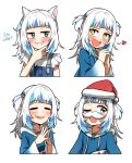  +_+ 1girl ;d =_= animal_costume animal_ear_fluff animal_ears bangs blue_eyes blue_hair blue_hoodie blue_nails blue_overalls blunt_bangs blush cat_ears ddolbang drawstring english_text fake_facial_hair fake_mustache fingernails gawr_gura hair_cubes hair_ornament hand_on_own_chin hands_up hat heart highres hololive hololive_english hood hoodie long_sleeves looking_to_the_side medium_hair multicolored_hair multiple_views nail_polish one_eye_closed overalls own_hands_together santa_hat shark_costume shark_girl shark_hair_ornament shirt sidelocks simple_background smile streaked_hair stroking_own_chin two-tone_hair two_side_up upper_body virtual_youtuber white_background white_hair white_hood white_shirt wide_sleeves 