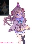  +_+ 1girl absurdres ahoge aqua_bow aqua_bowtie asymmetrical_legwear bandaid bandaid_on_knee bandaid_on_leg black_thighhighs blue_eyes blue_sailor_collar blue_serafuku blue_skirt blush bow bowtie brown_hair cardigan commentary derivative_work double-parted_bangs english_commentary hair_between_eyes hair_ribbon heart_pin highres knees_together_feet_apart long_hair looking_at_viewer mini_party_hat miniskirt neuro-sama off-shoulder_cardigan pleated_skirt raised_eyebrow red_ribbon reference_inset ribbon sailor_collar school_uniform screenshot_redraw serafuku simple_background skindentation skirt smile split_mouth star_pin thighhighs twitter_username two_side_up vedal_ai very_long_hair wavy_hair white_background yellow_cardigan 