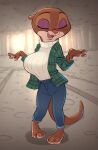  2022 absurd_res anthro barefoot big_breasts breasts brown_body brown_fur clothed clothing disney eyes_closed eyeshadow feet female fur hi_res lutrine makeup mammal mrs._otterton mustelid open_mouth open_smile siroc smile solo standing zootopia 