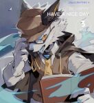 2023 5_fingers amber_eyes anthro black_body black_eyewear black_fur black_glasses blue_eyebrows blue_tongue book brown_book brown_cape brown_clothing brown_topwear brown_vest canid canine canis cape claws clothed clothed_anthro clothed_male clothing collared_shirt dated dg_jia digital_drawing_(artwork) digital_media_(artwork) dress_shirt english_text eyebrows eyewear finger_claws fingers fur furgonomic_hat furgonomic_headwear furgonomics glasses grey_body grey_fur hat headgear headwear holding_book holding_clothing holding_hat holding_headgear holding_headwear holding_object looking_aside male mammal necktie open_book open_mouth pupils rectangular_glasses shirt simple_background slit_pupils solo text tongue tongue_showing topwear vest wearing_glasses white_background white_body white_dress_shirt white_fur white_sclera wolf yellow_necktie