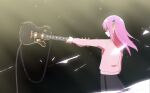  1girl blue_eyes bocchi_the_rock! cowboy_shot cube_hair_ornament electric_guitar gibson_les_paul gotou_hitori grey_skirt guitar hair_cubes hair_ornament highres holding holding_instrument instrument jacket light light_particles long_hair one_side_up pink_hair pink_jacket profile skirt smile solo tesfsm track_jacket 
